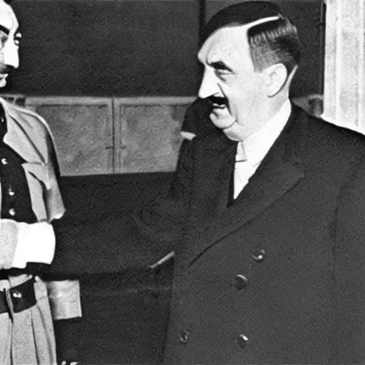 Image similar to A still of Mr Bean shaking hands with Hitler