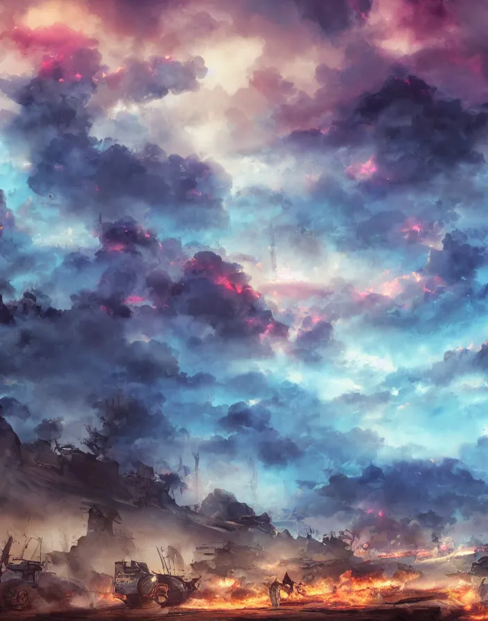Prompt: Concept art, random fight with muskets and pikes, cinematic scenes, blue sky with beautiful clouds, fire and grey smoke here and there, boixcar style, matte painting, vaporwave vaporwave vaporwave watercolor cover art with warm and vibrant colors, volumetric light, oil on canvas art by Rossdraws, award-winning masterpiece with incredible and beautiful details digital art, trending on artstation, smooth, 4K