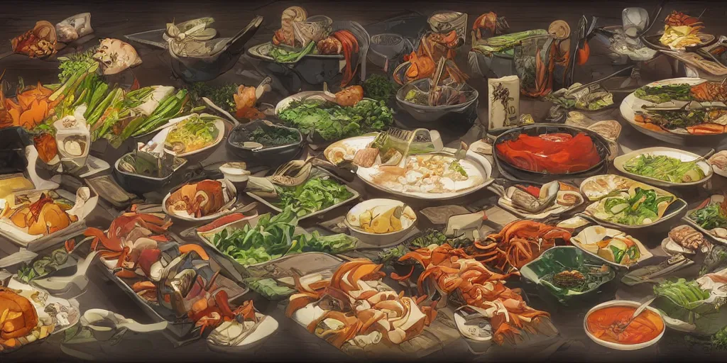 Prompt: A feast for the Ninjas, very detailed, anime, Delicious, Plump, Juicy, Hot Food, large white border, hd, 8k, Unreal Engine 5, high resolution print :1 by Hayao Miyazaki, Nausicaa, studio Ghibli style, Anime wallpaper, cell shading, trending on deviant art :1