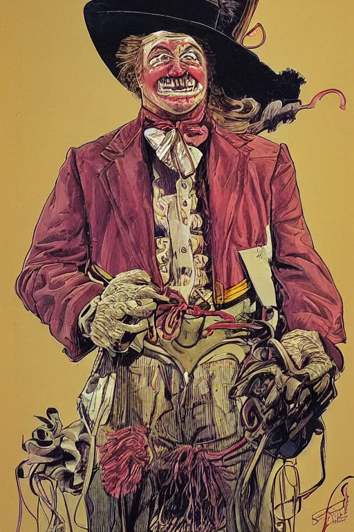 Image similar to vernon. Old west circus clown by James Gurney and Mœbius.