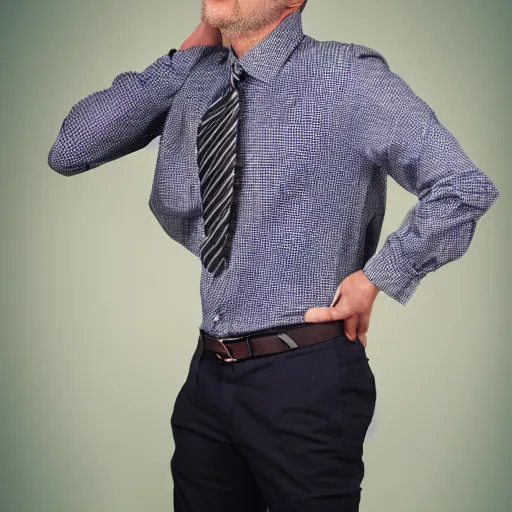 Image similar to man looking at his pants with confused look