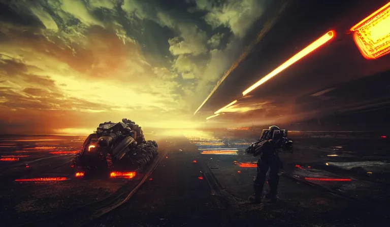 Image similar to an armored core v by liam wong, booster flares, legs, laser rifles, karst landscape, outdoor, dark blue sky, cloud, wilderness ground, golden time, twilight ; wide shot, digital painting, photoreal, cinematic contrast, dynamic backlighting, sharp edge, motion blur