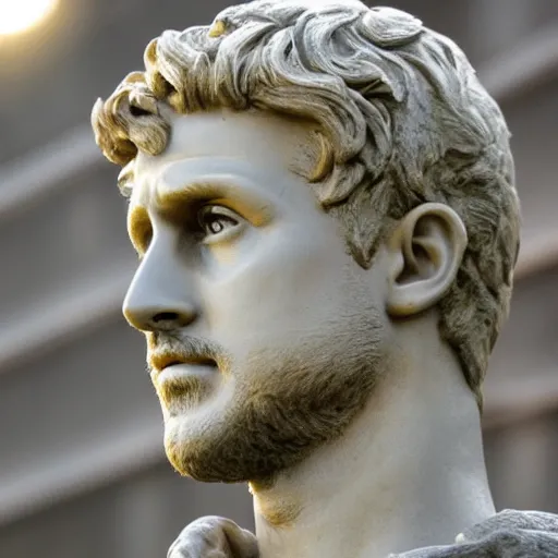 Image similar to ryan gosling as roman statue, dramatic light, reflective, clear face