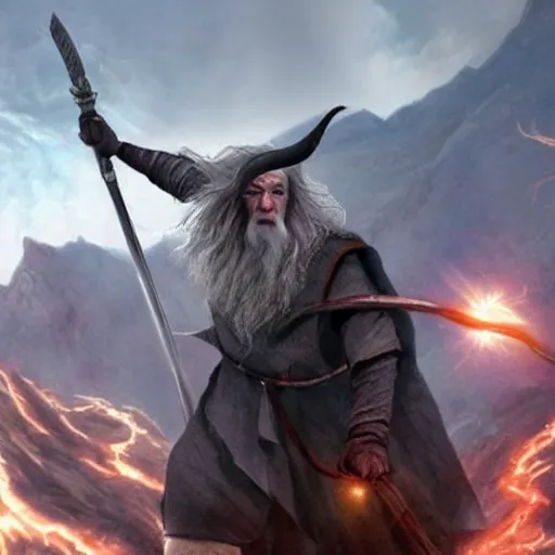 Prompt: Selfie taken by an overconfident Gandalf the Grey on the Bridge of Khazad Dum, a balrog looming in the background,