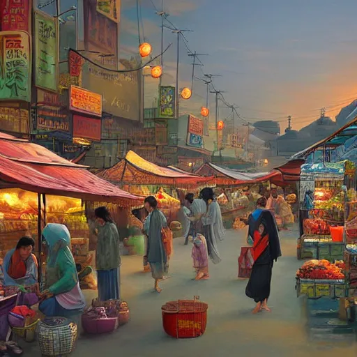 Image similar to an immaculate digital matte painting by Robin White of a placid asian street market scene at dusk.