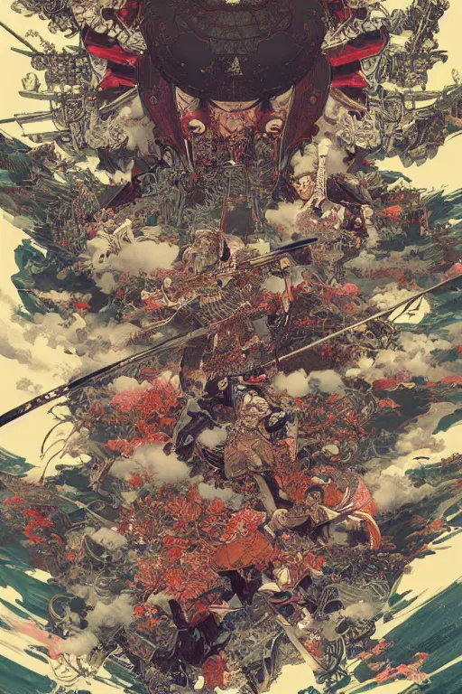 Prompt: hyper detailed illustration of samurai warfare by Yoshitaka Amano, Victo Ngai, Kev Walker, Ross Tran