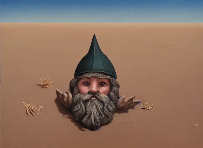 Image similar to a discarded half - buried garden gnome in a vast barren desert, an ultrafine detailed painting by mark ryden, trending on deviantart, pop surrealism, whimsical, lowbrow, perfect symmetrical face