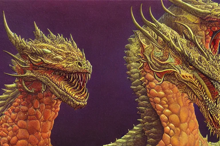 Image similar to oil painting, super - detailed scene of two headed dragon where one head is donald trump and the other is vladimir putin, japanese sci - fi books art, artwork by jean giraud and zdzislaw beksinski and alphonse mucha and hr giger, hd, 4 k, high quality