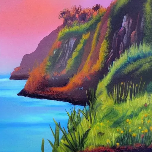 Image similar to painting of a lush natural scene on an alien planet by emma webster. beautiful landscape. weird vegetation. cliffs and water.