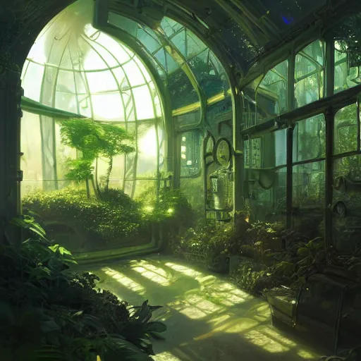 Image similar to , boy with grandma in scifi green house, spaceship, plants, viewed from afar, stephen bliss, misty, unreal engine, fantasy art by greg rutkowski, loish, ferdinand knab, and lois van rossdraws, global illumination, radiant light, minimalist, detailed and intricate environment