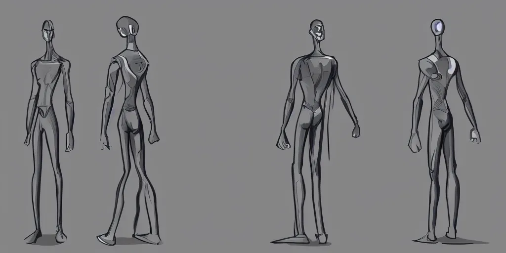 Image similar to male, elongated figure, space suit, large shoulders, short torso, long thin legs, tiny feet, character sheet, very stylized, concept design