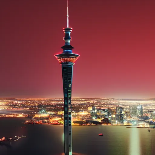 Image similar to auckland sky tower, red lighting, evil, artstation, octane render