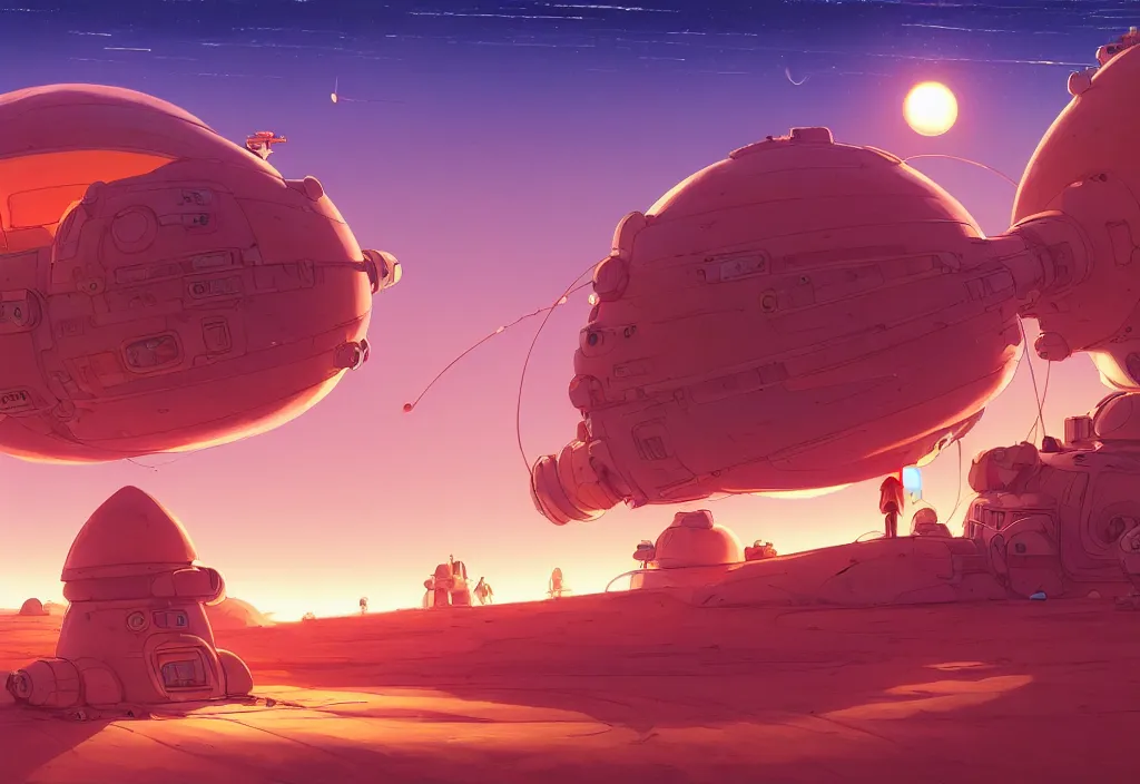 Prompt: a small and chubby spaceship in a desert at dawn with electric cables on the ground, intricate oil painting, high detail illustration, sharp high detail, manga and anime 1 9 9 9, official fanart behance hd artstation by jesper ejsing and makoto shinkai, 4 k,