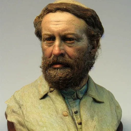 Image similar to hyper realistic closeup bust of a new england fisherman, painted, colorized, bossons vintage chalkware, by emile renouf