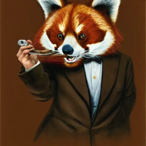 Prompt: Portrait of an anthropomorphic Red Panda crime boss smoking a cigar wearing an eyepatch in a dark room Very high quality. Drawn by James Christensen