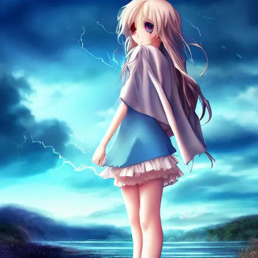 Prompt: a very beautiful anime cute girl, full body, long wavy blond hair, sky blue eyes, full round face, short smile, fancy top, miniskirt, front view, summer lake setting, storm weather, cinematic lightning, medium shot, mid-shot, highly detailed, cinematic wallpaper by Stanley Artgerm Lau