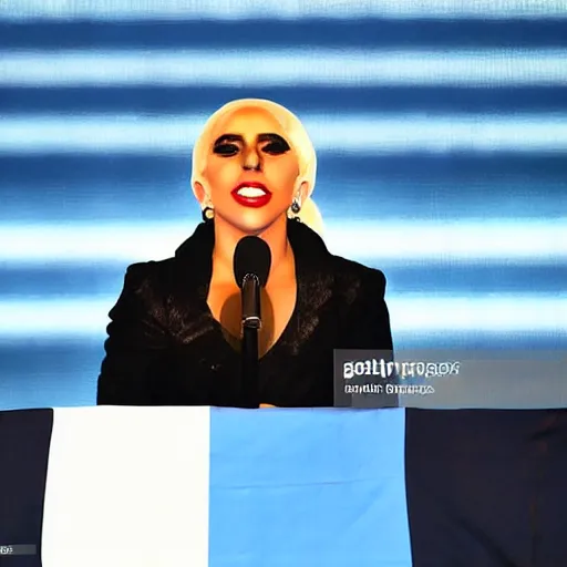 Image similar to Lady Gaga as president, Argentina presidential rally, Argentine flags behind, bokeh, giving a speech, detailed face, Argentina