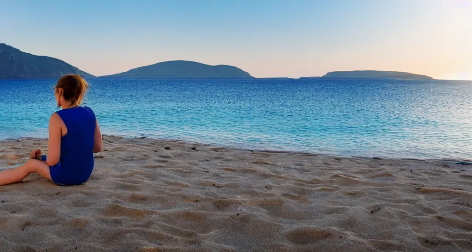 Image similar to wide shot of a young woman sitting at a beach in greece