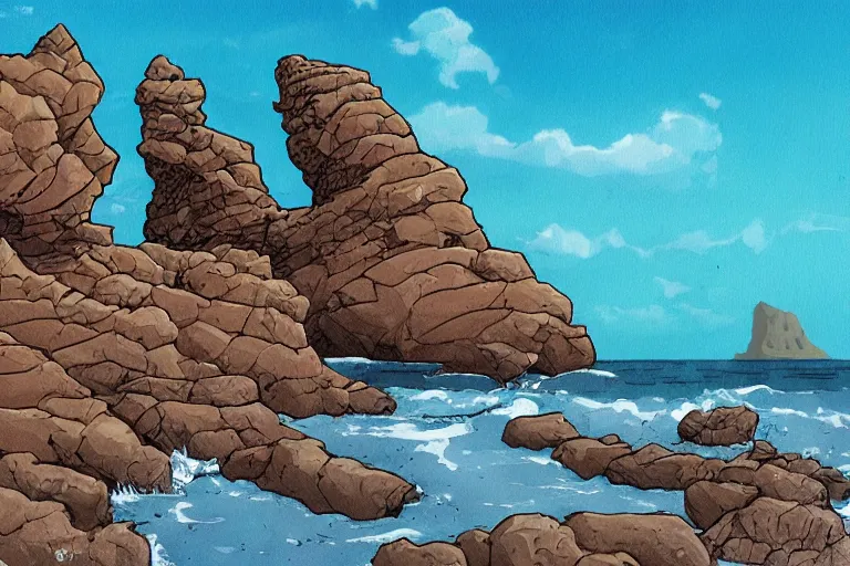 Image similar to seaside rocks in the style of Moebius