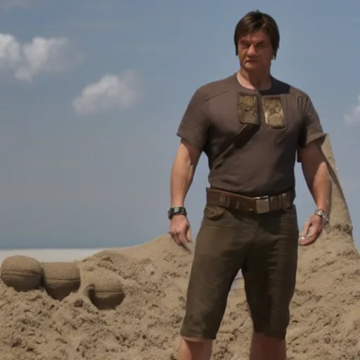 Image similar to nathan fillion as a sandcastle, beautiful composition, cinematic lighting