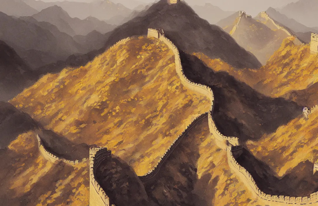 Prompt: a realistic detail portrait of a valley, the great wall, chinese, ink painting by julian calle, greg rutkowski, finnian macmanus, syd mead trending on artstation, red and yellow scheme, 8 k, wide - angle lens