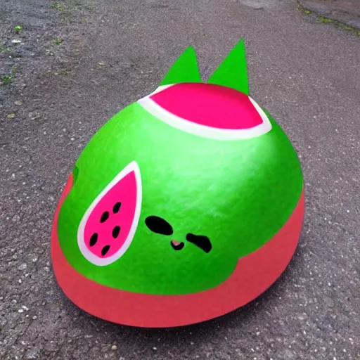 Prompt: cat wearing a helmet, helmet watermelon, helmet that looks like watermelon, watermelon fruit texture, helmet on cat