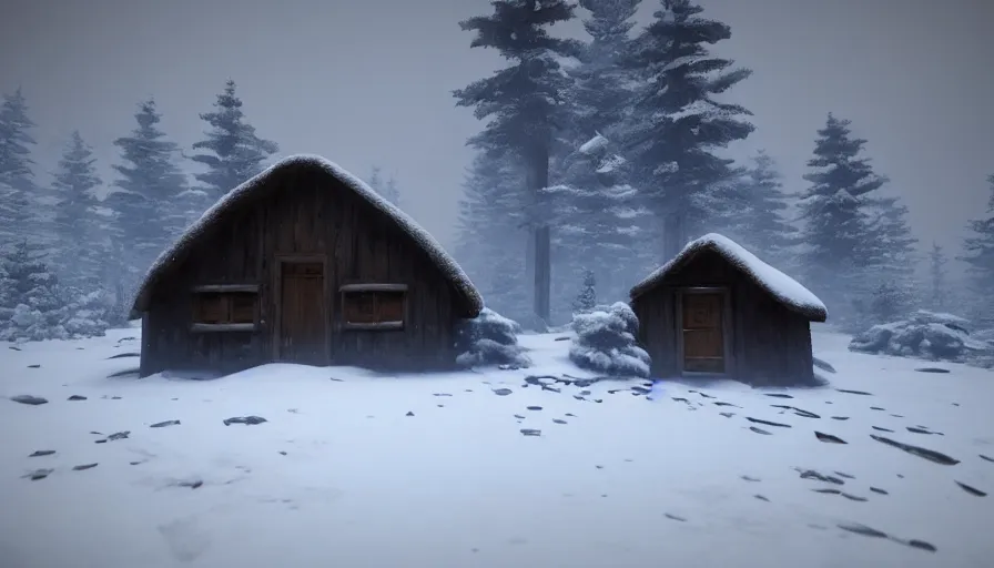 Prompt: Unreal Engine Survival Game in a cozy! warm small hut!!. Outside is a blizzard and Heavy Thick snow with Fog and Mist in a Beautiful dark Landscape, Distant Lights, Hyperrealistic, Hyperdetailed, Concept Art, High Snow