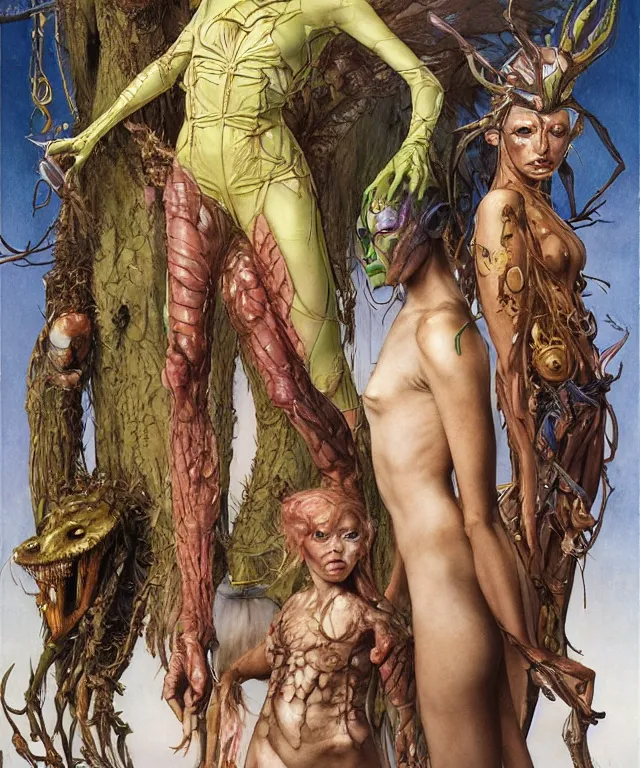 Prompt: a portrait photograph of a harpy x - men with slimy skin being transformed into a beautiful alien. she looks like sadie sink and is wearing a colorful infected sleek organic catsuit. by donato giancola, hans holbein, walton ford, gaston bussiere, peter mohrbacher and brian froud. 8 k, cgsociety, fashion editorial