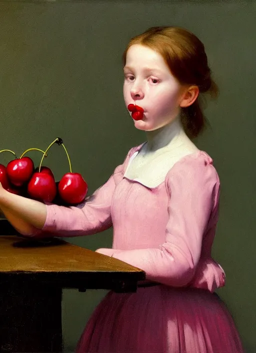 Prompt: a young girl in the 1 9 th century eating a ripe cherry, depth of field, hauntingly surreal, highly detailed oil painting, by francis bacon, edward hopper, adrian ghenie, glenn brown, soft light 4 k, pink and green colour palette, cinematic composition, cinematic lighting, high quality octane render, masterpiece