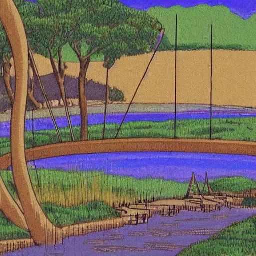 Prompt: a river scene. The river is represented by a line winding through the center of the land art. The banks of the river are represented by two lines, one on each side. Studio Ghibli by John Duncan saturated, improvisational