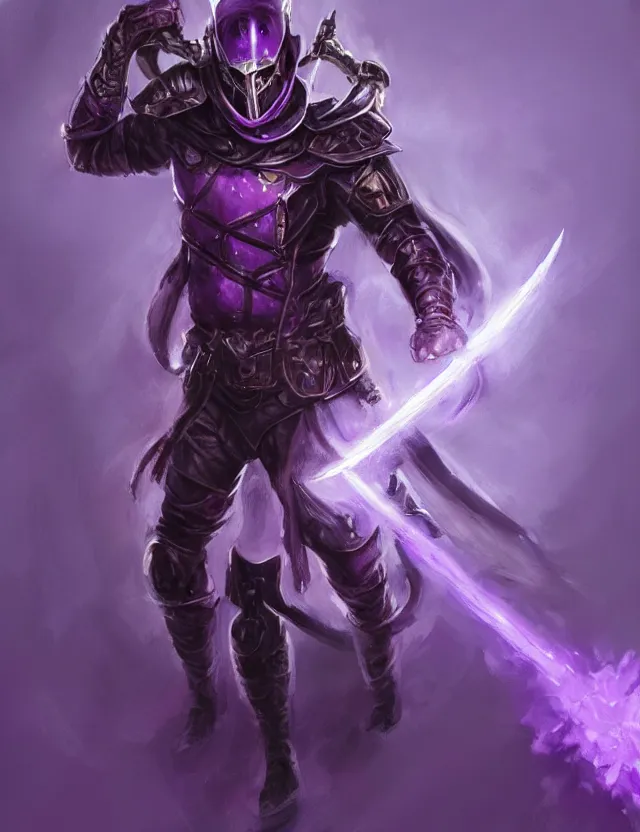 Image similar to a masked warrior in purple armour glowing violet, wielding a large purple sword that flashes with lightning, by frank fazetta and peter mohrbacher, trending on artstation, digital art, 4 k resolution, detailed, high quality, hq artwork, coherent, insane detail, concept art, character concept, character full body portrait