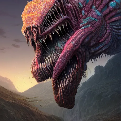 Image similar to reckless cohort, dukhara scavenger, colossal dreadmaw, highly detailed, digital painting, HDRI, by Randy Vargas and wayne barlowe, vivid colors, high contrast, 8k resolution, intricate, photorealistic, smooth