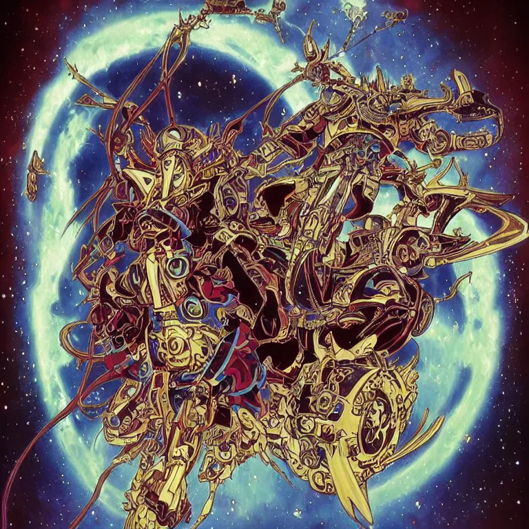 Image similar to portrait of The Anti-Spiral from Tengen Toppa Gurren Lagann by Jeff Easley and Peter Elson + beautiful eyes, beautiful face + symmetry face + border and embellishments inspiried by alphonse mucha, fractals in the background, galaxy + baroque, gothic, surreal + highly detailed, intricate complexity, epic composition, magical atmosphere + masterpiece, award winning + trending on artstation