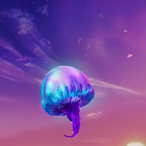 Prompt: A purple jellyfish is flying through an amazing sky, coloful art, 4K resolution, by Artgem and Beeple