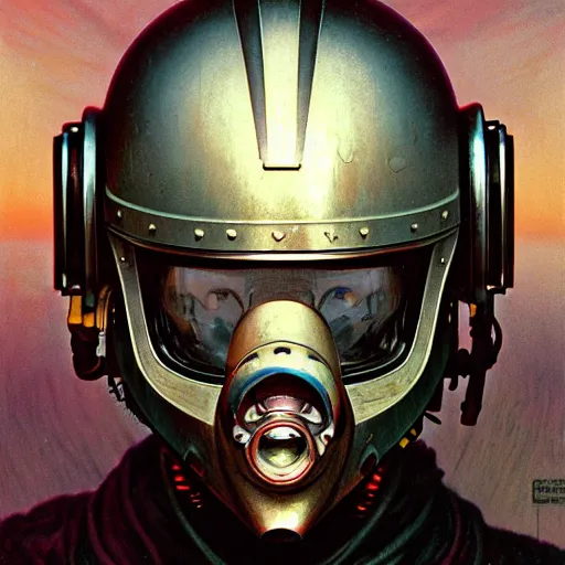 Image similar to a expressive portrait of masked diesel punk helmet on the art deco streets of the big city, artstation, award - winning realistic sci - fi concept art by jim burns and greg rutkowski, beksinski, a realism masterpiece, expressive color palette, james gilleard, bruegel, alphonse mucha, and yoshitaka amano