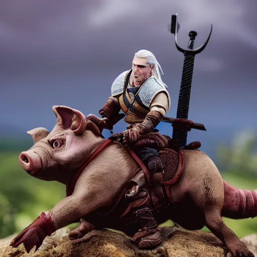 Image similar to witcher riding on pig, claymation, cinematic, 8 k,