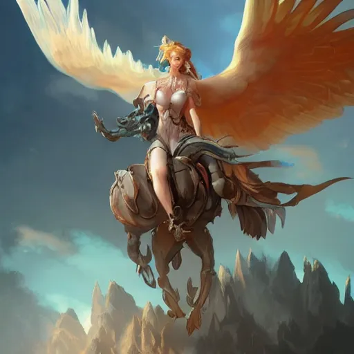 Image similar to Art station concept of a beautiful girl riding a gryphon, symmetrical face, smooth body features, by Stanley Artgerm Lau, WLOP, Rossdraws, James Jean, Andrei Riabovitchev, Marc Simonetti, and Sakimichan, trending on artstation