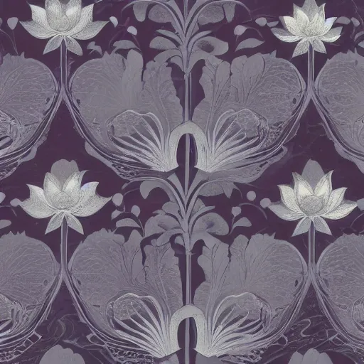 Image similar to silver lotus on dark purple marble , ivy, oriental wallpaper, james jean