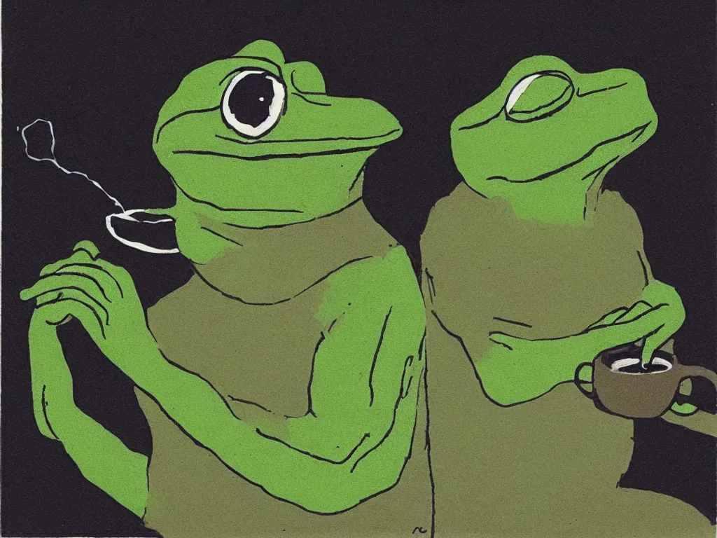 Image similar to portrait of a pepe! the frog! drinking coffee in the style of tarkovsky, old photo