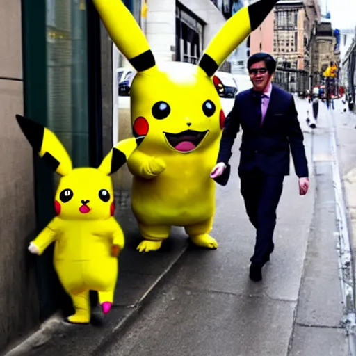 Prompt: A photograph of a man going to work in a pikachu suit