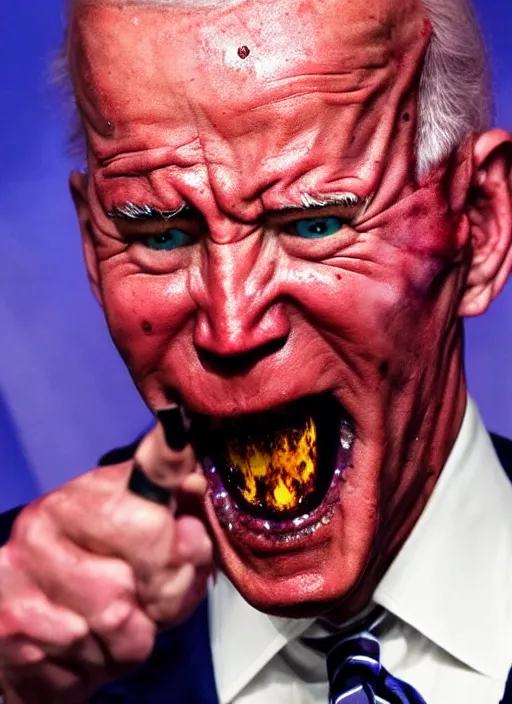 Image similar to hyper realistic terror photo Doom horror furious glowing red eyes biden