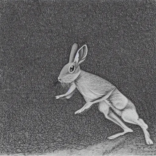 Image similar to etching of a jackrabbit jumping downward