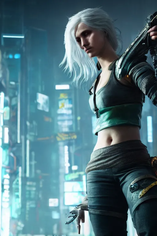 Image similar to A film still of Ciri as a cyberpunk 2077 loading screen, highly detailed, digital painting, artstation, concept art, sharp focus, illustration, cinematic lighting, art by artgerm and greg rutkowski and alphonse mucha diffuse lighting, fantasy, intricate, elegant, highly detailed, lifelike, photorealistic, digital painting, artstation, illustration, concept art, smooth, sharp focus, art by John Collier and Albert Aublet and Krenz Cushart and Artem Demura and Alphonse Mucha