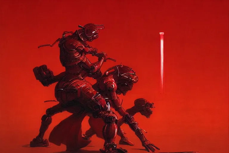 Image similar to only with red, a red cyborg samurai, tokio futuristic in background, some evil yokai fight, in the style of beksinski, parts by edward hopper, parts by rodcenko, parts by yue minjun, intricate and epic composition, red by caravaggio, insanely quality, highly detailed, masterpiece, red light, artstation, 4 k