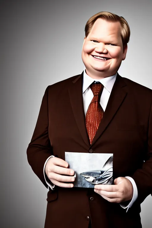 Image similar to andy richter wearing a brown suit and necktie, ultra hd photo, 3 5 mm close up, fish eye, realistic, smiling, holding a postcard from chicago