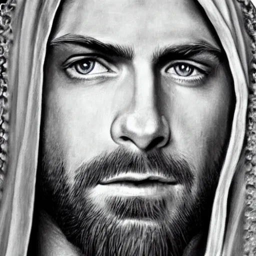 Prompt: Kurt Cobain as Jesus Christ, hyperrealism, detailed portrait