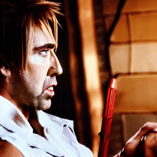 Image similar to buff nic cage playing cloud strife, movie still, digital photography, high quality