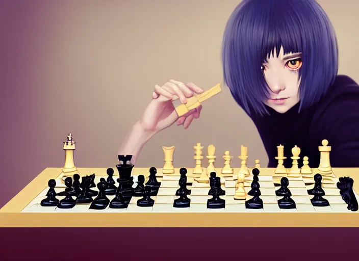 Image similar to a pale ilya kuvshinov playing chess, with gold eyes, straight hair, sky blue hair, long bangs, high collar, concept art, award winning photography, digital painting, cinematic, by wlop, anime key visual, wlop, 8 k, by ross tran, tom bagshaw, andy warhol