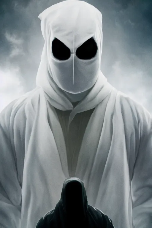 Image similar to characters portrait of Moon Knight mixed with Ghostface by Alyssa Monks, full-shot, merged character, Full body shot, cinematic opening shot, 4k, highly detailed, cinematic lighting