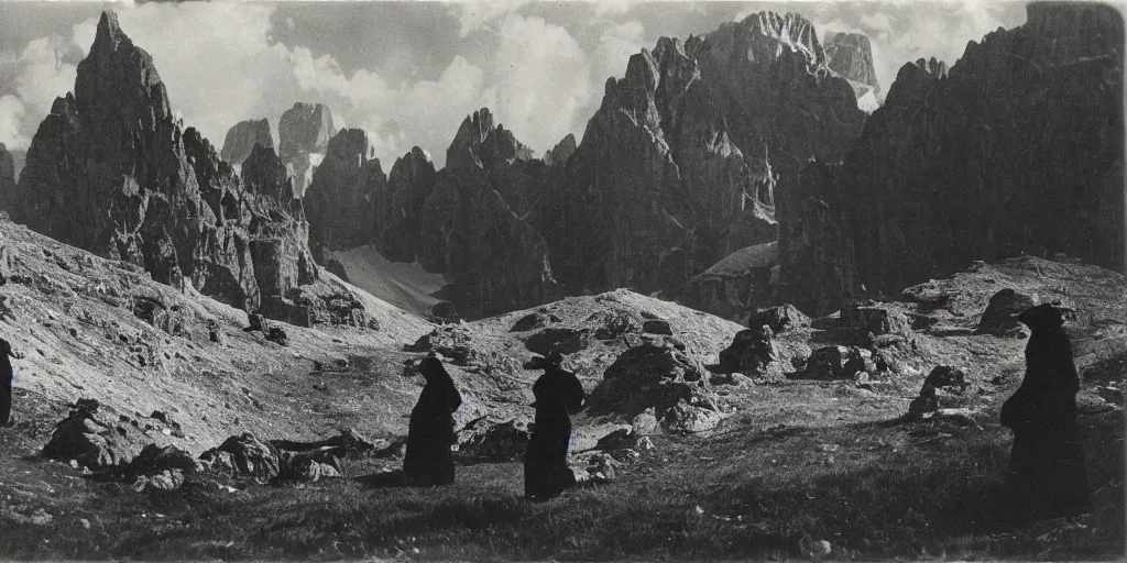 Prompt: 1 9 2 0 s spirit photography of wilde jagd in the dolomites, by william hope, dark, eerie, grainy